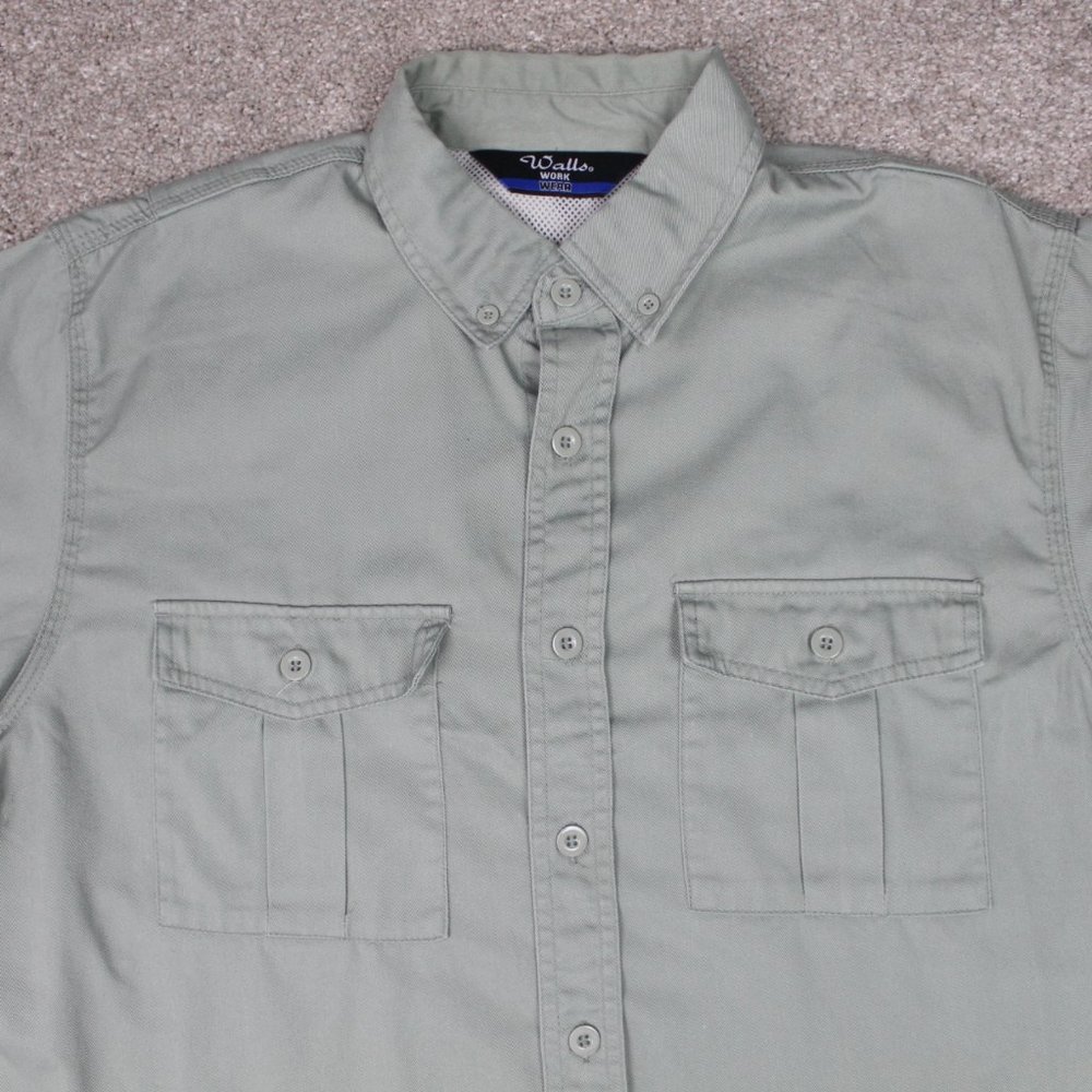 Walls Work Wear Shirt Mens Large Green Lined Vented‎ Cotton S/S Pockets Button
